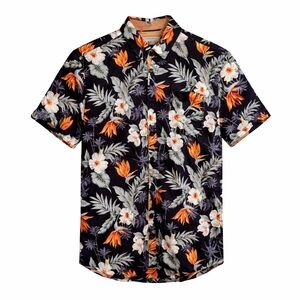 7Diamonds Tropical Floral Shirt Mens Medium Black Hawaiian Button Up Cotton